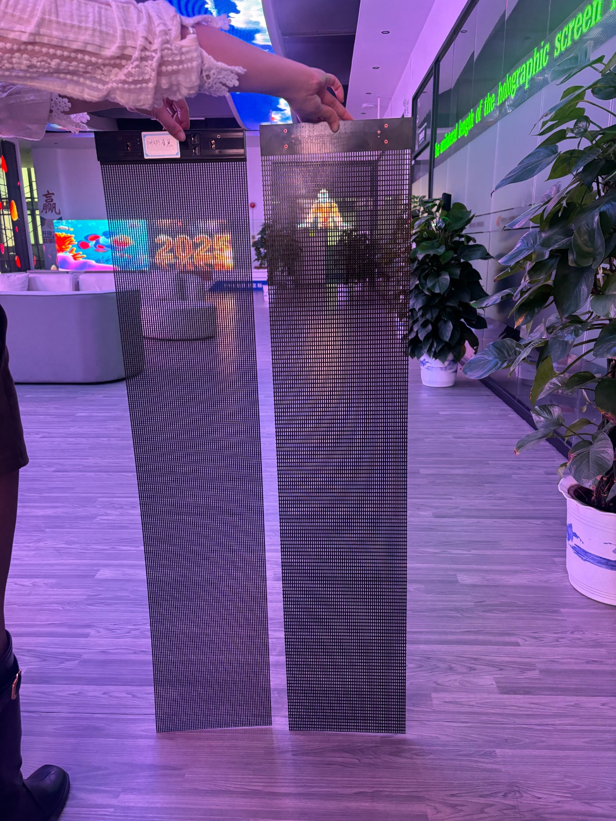 Dos tiras LED transparentes y flexibles sostenidas en una sala de exposición