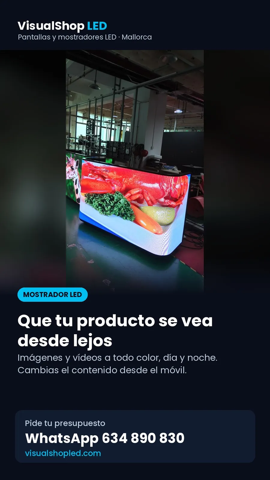 Mostrador LED curvo mostrando marisco a todo color