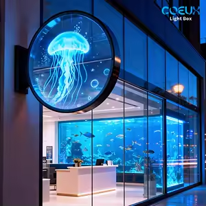 Rótulo holográfico 3D en fachada de tienda mostrando una medusa